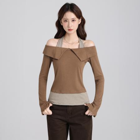 FA47664# 一字肩假两件收腰喇叭袖T恤女秋设计感休闲显瘦露肩上衣  服裝批發女裝批發服飾貨源