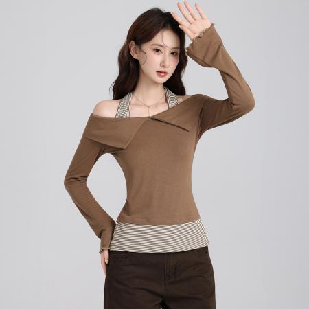 FA47664# 一字肩假两件收腰喇叭袖T恤女秋设计感休闲显瘦露肩上衣  服裝批發女裝批發服飾貨源