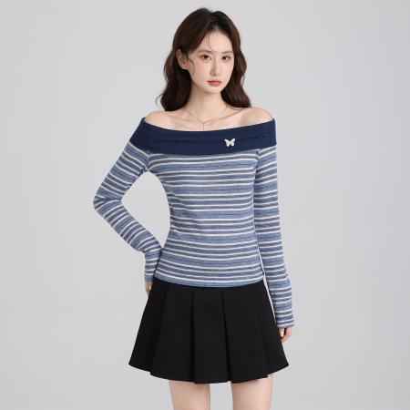 FA47665# 美式设计感一字肩条纹T恤女秋别致小衫修身显瘦长袖上衣  服裝批發女裝批發服飾貨源