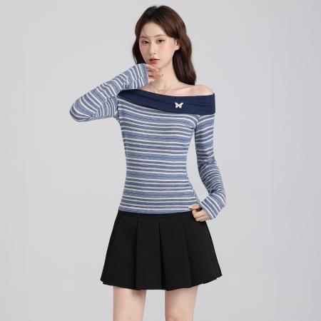 FA47665# 美式设计感一字肩条纹T恤女秋别致小衫修身显瘦长袖上衣  服裝批發女裝批發服飾貨源