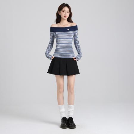 FA47665# 美式设计感一字肩条纹T恤女秋别致小衫修身显瘦长袖上衣  服裝批發女裝批發服飾貨源