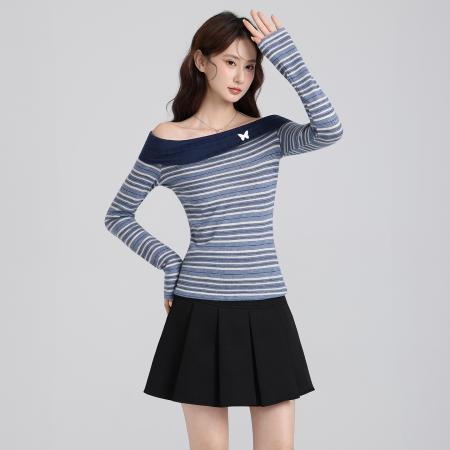 FA47665# 美式设计感一字肩条纹T恤女秋别致小衫修身显瘦长袖上衣  服裝批發女裝批發服飾貨源