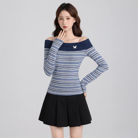 FA47665# 美式设计感一字肩条纹T恤女秋别致小衫修身显瘦长袖上衣  服裝批發女裝批發服飾貨源