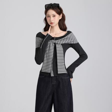 FA47666# 韩系可拆卸条纹领带一字肩长袖T袖女秋季露肩上衣打底衫  服裝批發女裝批發服飾貨源