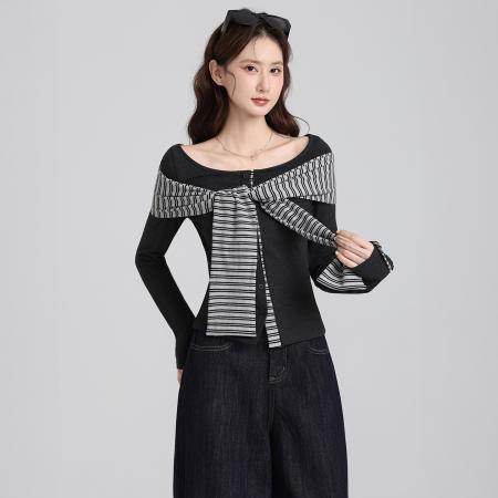 FA47666# 韩系可拆卸条纹领带一字肩长袖T袖女秋季露肩上衣打底衫  服裝批發女裝批發服飾貨源