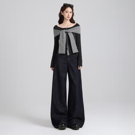 FA47666# 韩系可拆卸条纹领带一字肩长袖T袖女秋季露肩上衣打底衫  服裝批發女裝批發服飾貨源