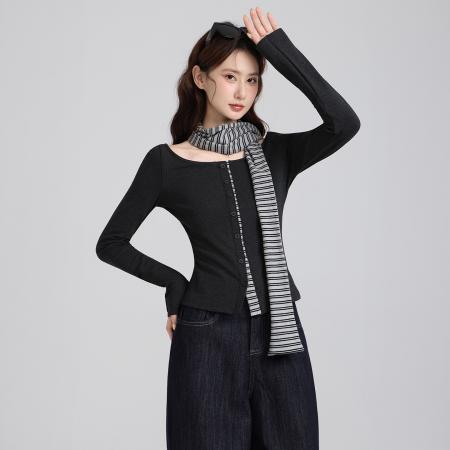 FA47666# 韩系可拆卸条纹领带一字肩长袖T袖女秋季露肩上衣打底衫  服裝批發女裝批發服飾貨源