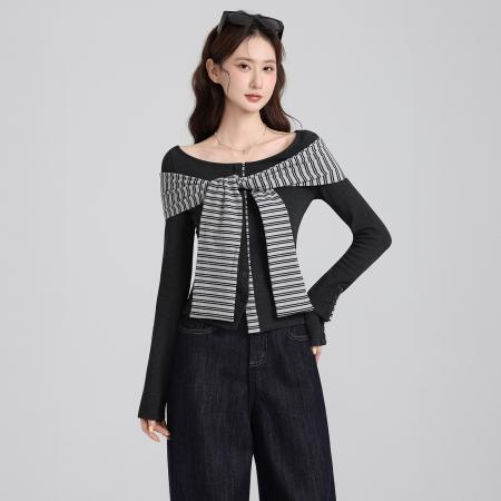 FA47666# 韩系可拆卸条纹领带一字肩长袖T袖女秋季露肩上衣打底衫  服裝批發女裝批發服飾貨源