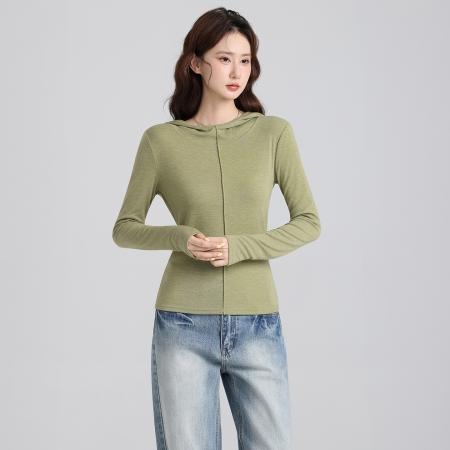 FA47667# 设计感别致修身连帽长袖套头T恤女秋修身内搭打底衫上衣  服裝批發女裝批發服飾貨源