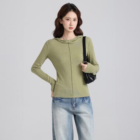 FA47667# 设计感别致修身连帽长袖套头T恤女秋修身内搭打底衫上衣  服裝批發女裝批發服飾貨源