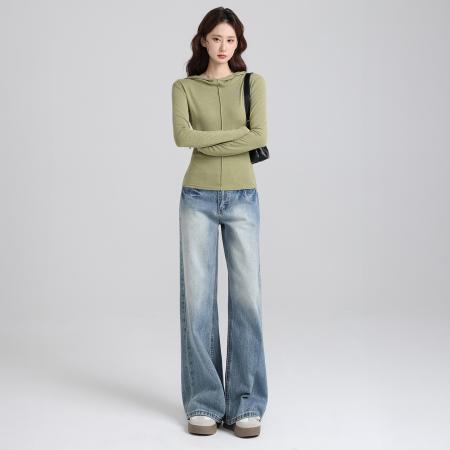 FA47667# 设计感别致修身连帽长袖套头T恤女秋修身内搭打底衫上衣  服裝批發女裝批發服飾貨源