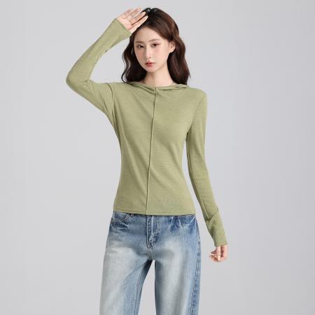 FA47667# 设计感别致修身连帽长袖套头T恤女秋修身内搭打底衫上衣  服裝批發女裝批發服飾貨源