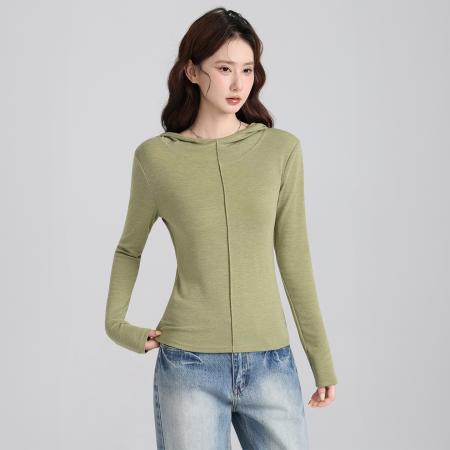 FA47667# 设计感别致修身连帽长袖套头T恤女秋修身内搭打底衫上衣  服裝批發女裝批發服飾貨源