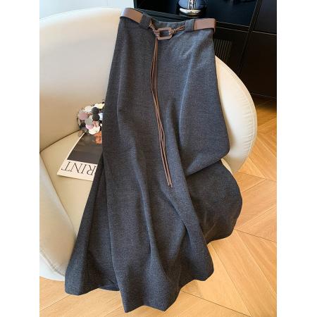 FA47669# 高级感气质灰色半身裙配腰带女秋季时尚高腰显瘦垂感a字长裙  服裝批發女裝批發服飾貨源