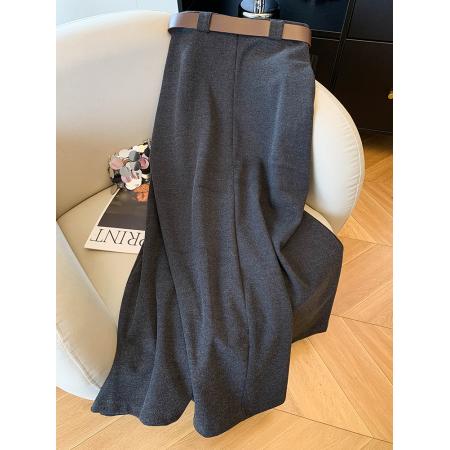 FA47669# 高级感气质灰色半身裙配腰带女秋季时尚高腰显瘦垂感a字长裙  服裝批發女裝批發服飾貨源