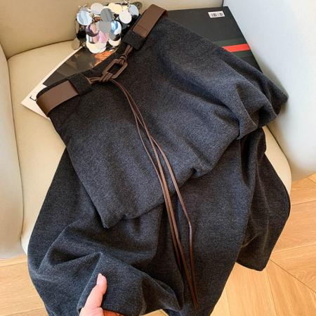 FA47669# 高级感气质灰色半身裙配腰带女秋季时尚高腰显瘦垂感a字长裙  服裝批發女裝批發服飾貨源