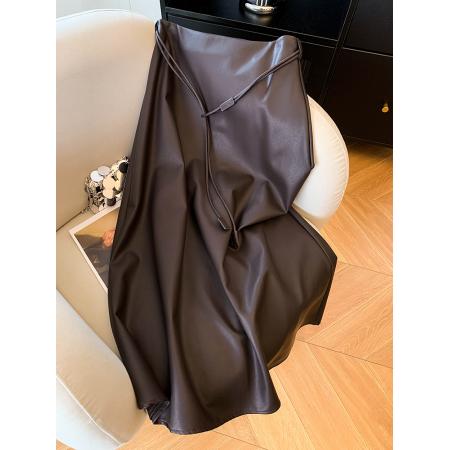 美拉德复古高腰显瘦PU皮裙女秋季时尚气质配腰带a字裙半身裙  服裝批發女裝批發服飾貨源