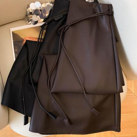 美拉德复古高腰显瘦PU皮裙女秋季时尚气质配腰带a字裙半身裙  服裝批發女裝批發服飾貨源