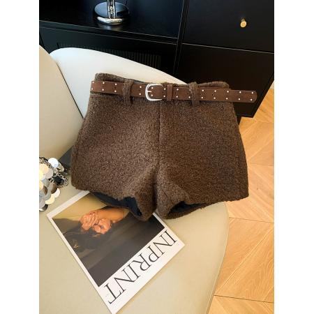 辣妹风加厚毛毛短裤女秋冬新款设计感配腰带羊羔绒阔腿裤热裤  服裝批發女裝批發服飾貨源