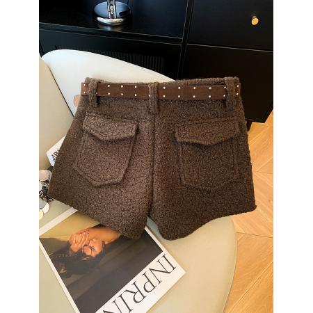 辣妹风加厚毛毛短裤女秋冬新款设计感配腰带羊羔绒阔腿裤热裤  服裝批發女裝批發服飾貨源