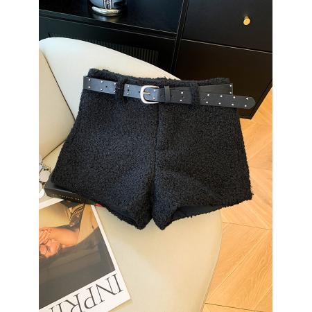 辣妹风加厚毛毛短裤女秋冬新款设计感配腰带羊羔绒阔腿裤热裤  服裝批發女裝批發服飾貨源