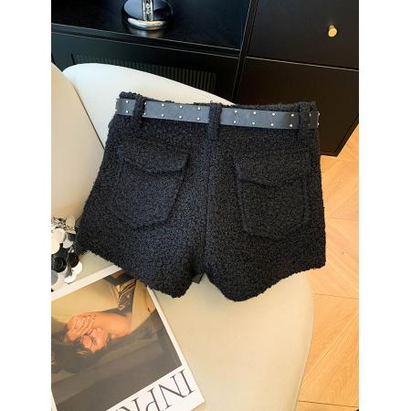 辣妹风加厚毛毛短裤女秋冬新款设计感配腰带羊羔绒阔腿裤热裤  服裝批發女裝批發服飾貨源