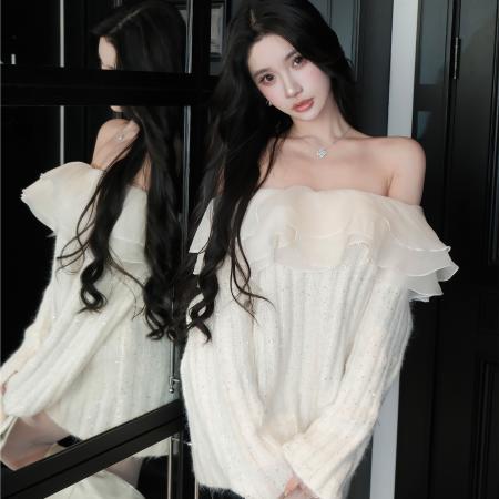 千金风一字肩毛衣女秋季新款条纹拼接叠层网纱领上衣  服裝批發女裝批發服飾貨源