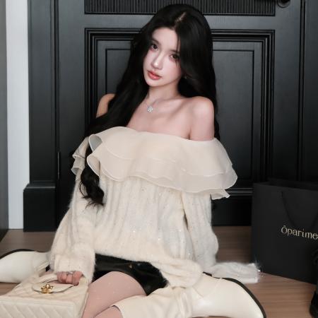 FA47672# 千金风一字肩毛衣女秋季新款条纹拼接叠层网纱领上衣  服裝批發女裝批發服飾貨源