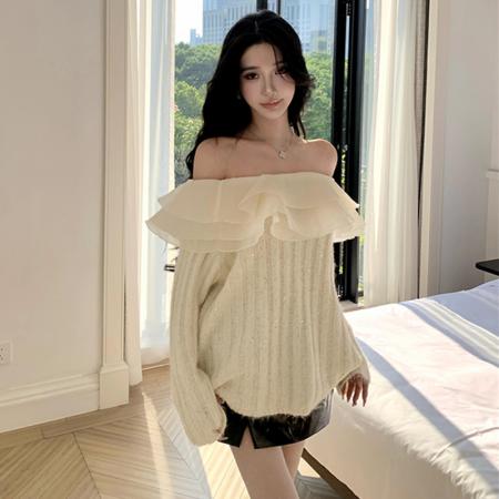 FA47672# 千金风一字肩毛衣女秋季新款条纹拼接叠层网纱领上衣  服裝批發女裝批發服飾貨源