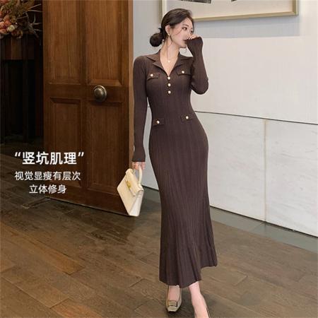 FA47674# 法式赫本风V领针织连衣裙女秋冬新款法式修身显瘦加厚鱼尾裙  服裝批發女裝批發服飾貨源