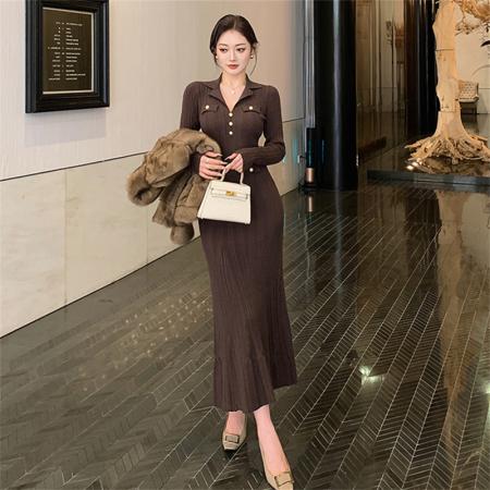 FA47674# 法式赫本风V领针织连衣裙女秋冬新款法式修身显瘦加厚鱼尾裙  服裝批發女裝批發服飾貨源