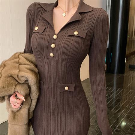 FA47674# 法式赫本风V领针织连衣裙女秋冬新款法式修身显瘦加厚鱼尾裙  服裝批發女裝批發服飾貨源