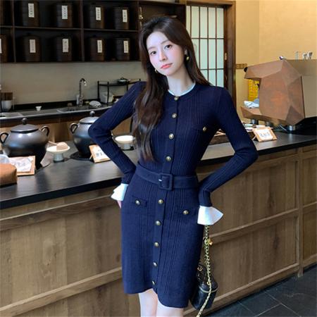 FA47675# 法式温柔风气质千金风喇叭袖针织连衣裙女秋冬收腰小香排扣短裙  服裝批發女裝批發服飾貨源