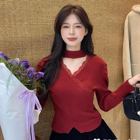 FA47676# 法式设计感蕾丝边镶边V领针织衫女秋冬新年红圣诞长袖毛衣打底衫  服裝批發女裝批發服飾貨源