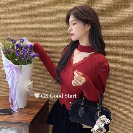 FA47676# 法式设计感蕾丝边镶边V领针织衫女秋冬新年红圣诞长袖毛衣打底衫  服裝批發女裝批發服飾貨源