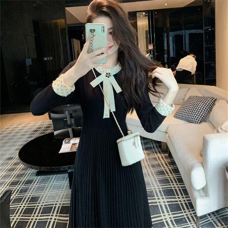 FA47678# 蝴蝶结针织毛衣连衣裙女秋冬新款小个子高级感赫本风小黑裙子  服裝批發女裝批發服飾貨源