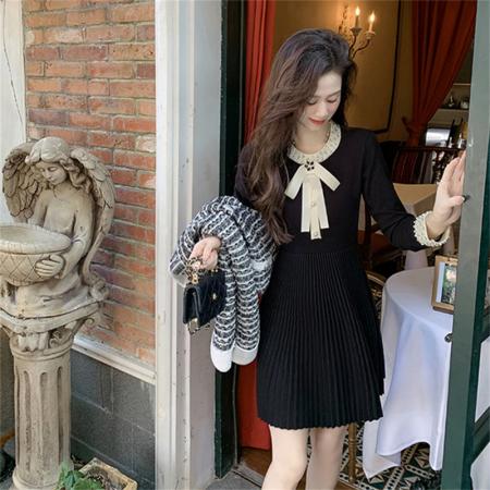 FA47678# 蝴蝶结针织毛衣连衣裙女秋冬新款小个子高级感赫本风小黑裙子  服裝批發女裝批發服飾貨源