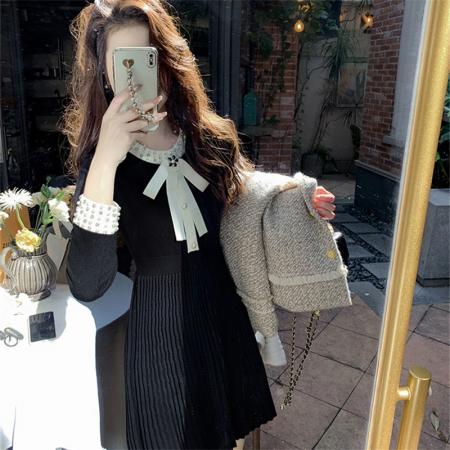 FA47678# 蝴蝶结针织毛衣连衣裙女秋冬新款小个子高级感赫本风小黑裙子  服裝批發女裝批發服飾貨源