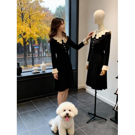 FA47679# 法式千金风娃娃领连衣裙女秋冬季显瘦赫本风加厚高级感小黑裙  服裝批發女裝批發服飾貨源