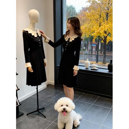 FA47679# 法式千金风娃娃领连衣裙女秋冬季显瘦赫本风加厚高级感小黑裙  服裝批發女裝批發服飾貨源