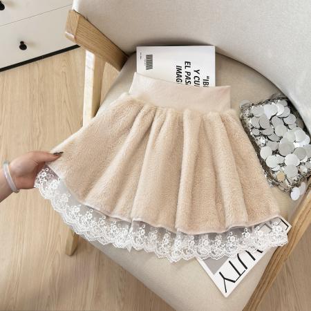 蕾丝花边拼接A字半身裙女秋冬新款百搭防走光短裙毛绒蓬蓬裙  服裝批發女裝批發服飾貨源