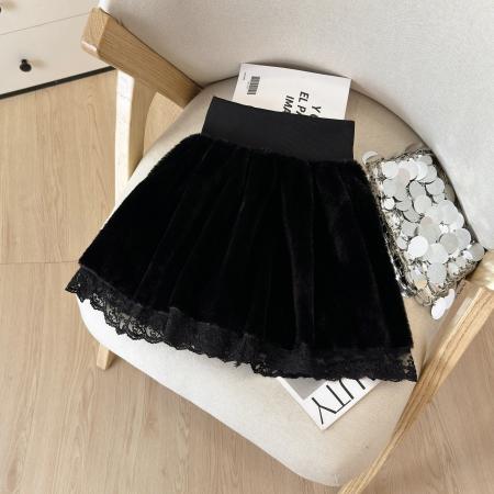 蕾丝花边拼接A字半身裙女秋冬新款百搭防走光短裙毛绒蓬蓬裙  服裝批發女裝批發服飾貨源