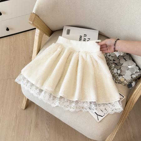 蕾丝花边拼接A字半身裙女秋冬新款百搭防走光短裙毛绒蓬蓬裙  服裝批發女裝批發服飾貨源