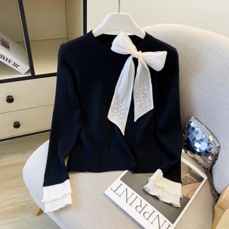 FA47682# 大货秋装新款韩版洋气别致设计感修身系带上衣针织衫女  服裝批發女裝批發服飾貨源