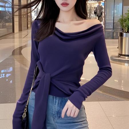 FA47683# 秋装新款韩版时尚洋气上衣紫色绑带打底衫针织衫女  服裝批發女裝批發服飾貨源