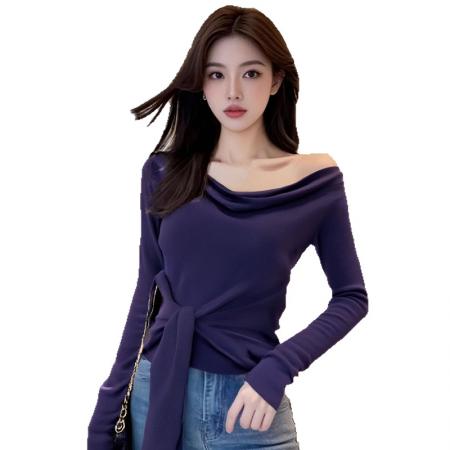 FA47683# 秋装新款韩版时尚洋气上衣紫色绑带打底衫针织衫女  服裝批發女裝批發服飾貨源