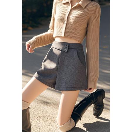 FA47687# 毛呢短裤女秋冬显瘦高腰呢子百搭靴裤外穿打底a字阔腿裤  服裝批發女裝批發服飾貨源