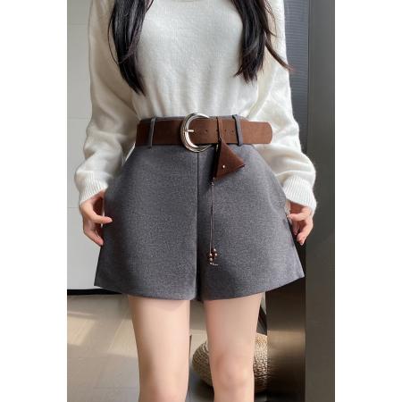 秋冬新款配腰带时尚毛呢短裤女韩版百搭修身呢子热靴裤子  服裝批發女裝批發服飾貨源