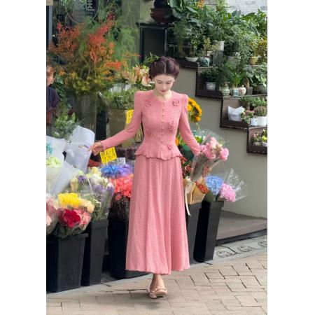 FA47691# 法式明媚温柔风秋粉色针织衫+半身裙两件套装  服裝批發女裝批發服飾貨源