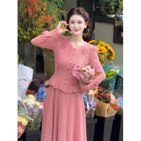 FA47691# 法式明媚温柔风秋粉色针织衫+半身裙两件套装  服裝批發女裝批發服飾貨源